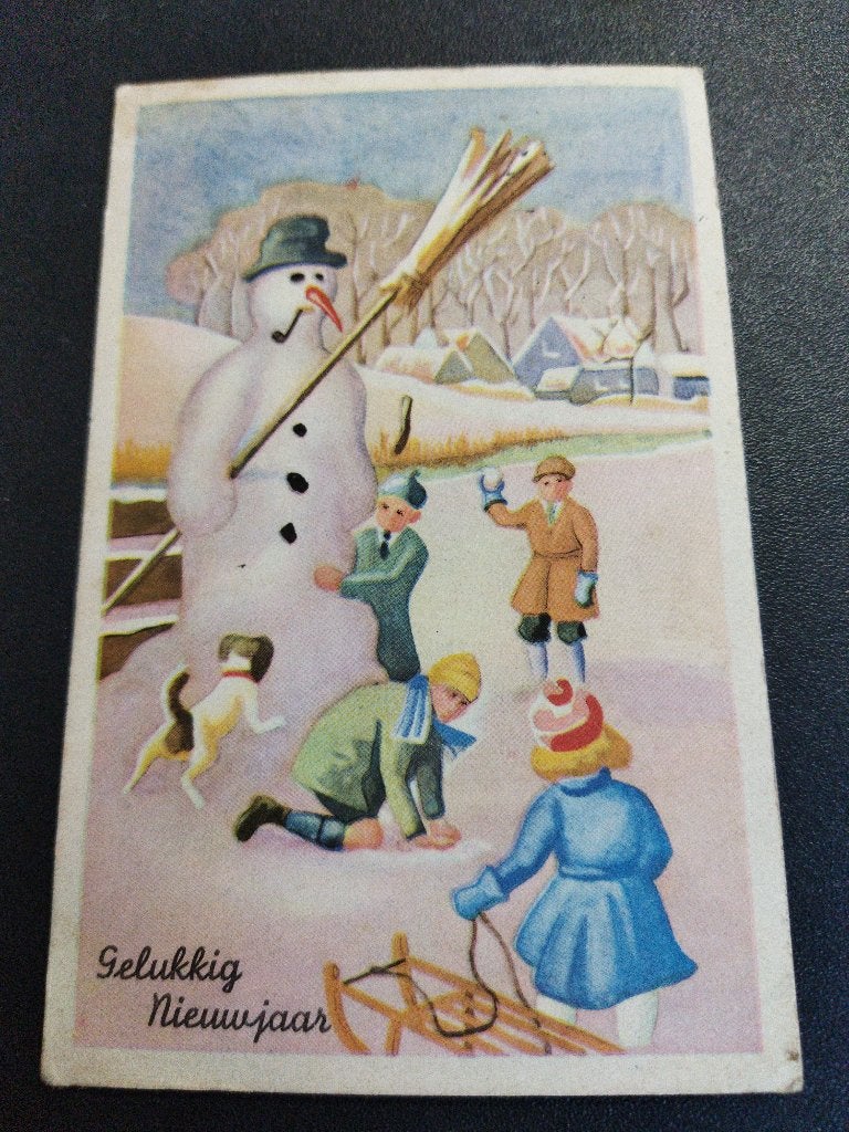 Vintage ansichtkaart Gelukkig Nieuwjaar sneeuwpret kinderen, Verzamelen, Ophalen of Verzenden, 1940 tot 1960, Gelopen, Kinderen