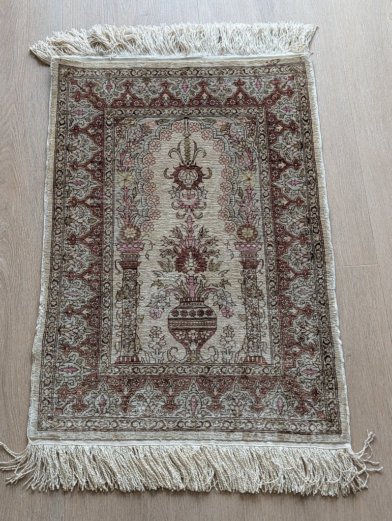 Vintage Zijde Hereke Tapijt vloerkleed Handgeknoopt 10/10, Minder dan 50 cm, 50 tot 100 cm, Hereke Mihrab, Ophalen of Verzenden