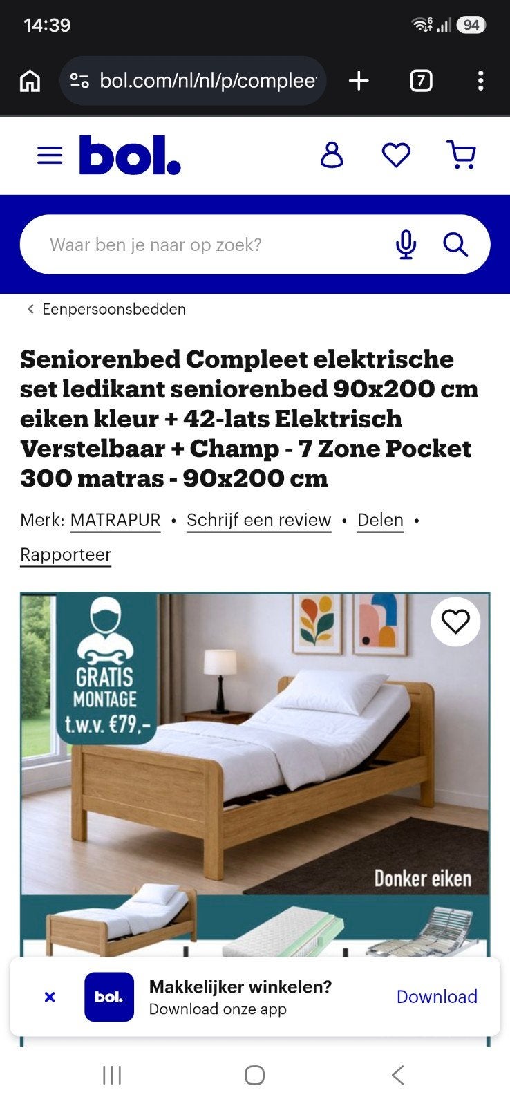 Seniorenbed Compleet Elektrisch - 90x200 cm - Donker Eiken