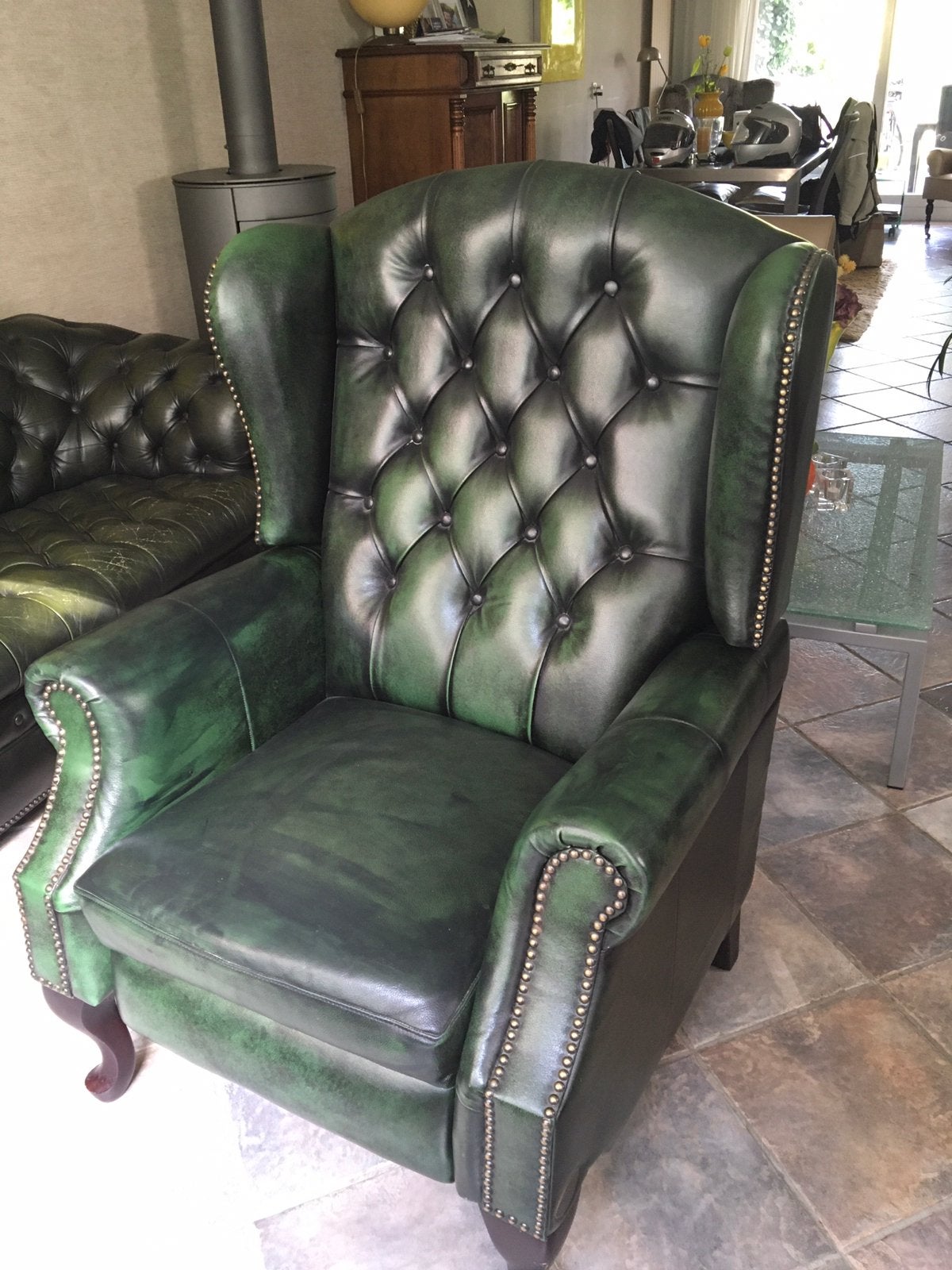 Chesterfield Lazychester Relax Fauteuil Antiek Groen, Minder dan 75 cm, Chesterfield, Leer, Ophalen of Verzenden