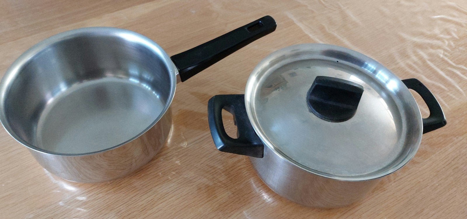 Pannenset RVS - Kookpan, Sauspan en Deksel, Ophalen, Gebruikt, BK, Pannenset