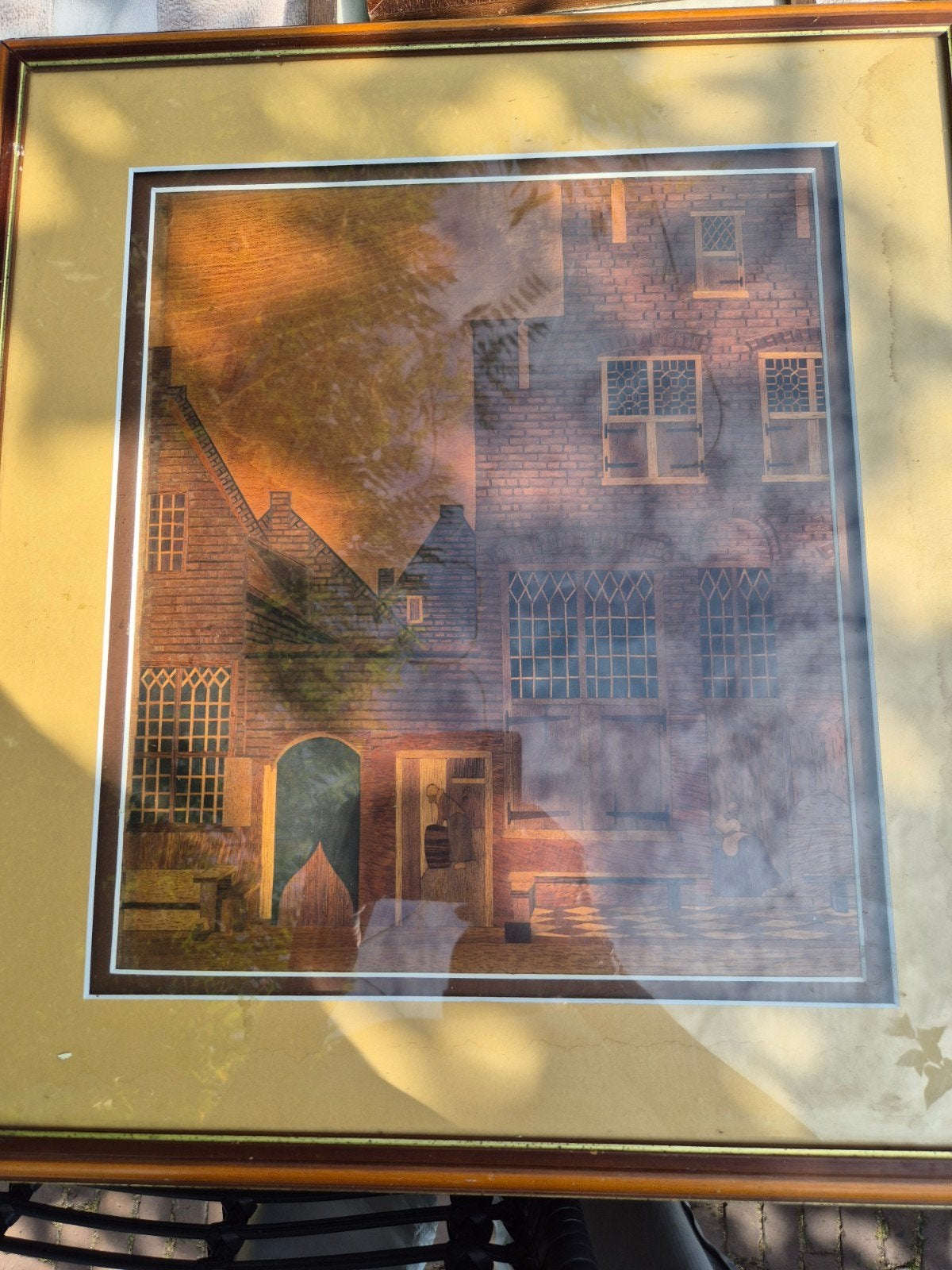 Twee ingelijste marqueterie kunstwerken van stadsgezichten, Ophalen of Verzenden, Klassiek, Ingelijst, Stads- / dorpsgezicht