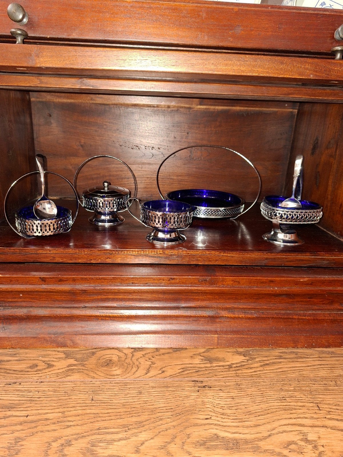 Vintage blauw glazen serveerset met zilveren houders, Antiek en Kunst, Ophalen of Verzenden