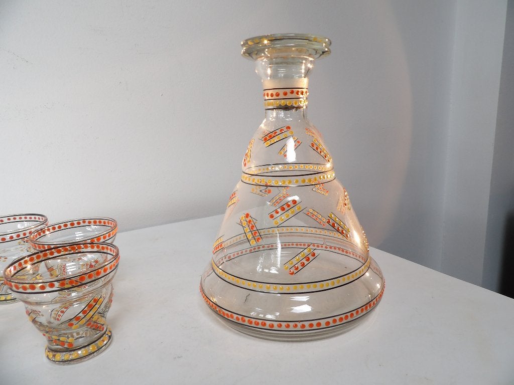 Art Deco Likeur Set - Boheems, Oranje/Geel Emaille, Ophalen of Verzenden