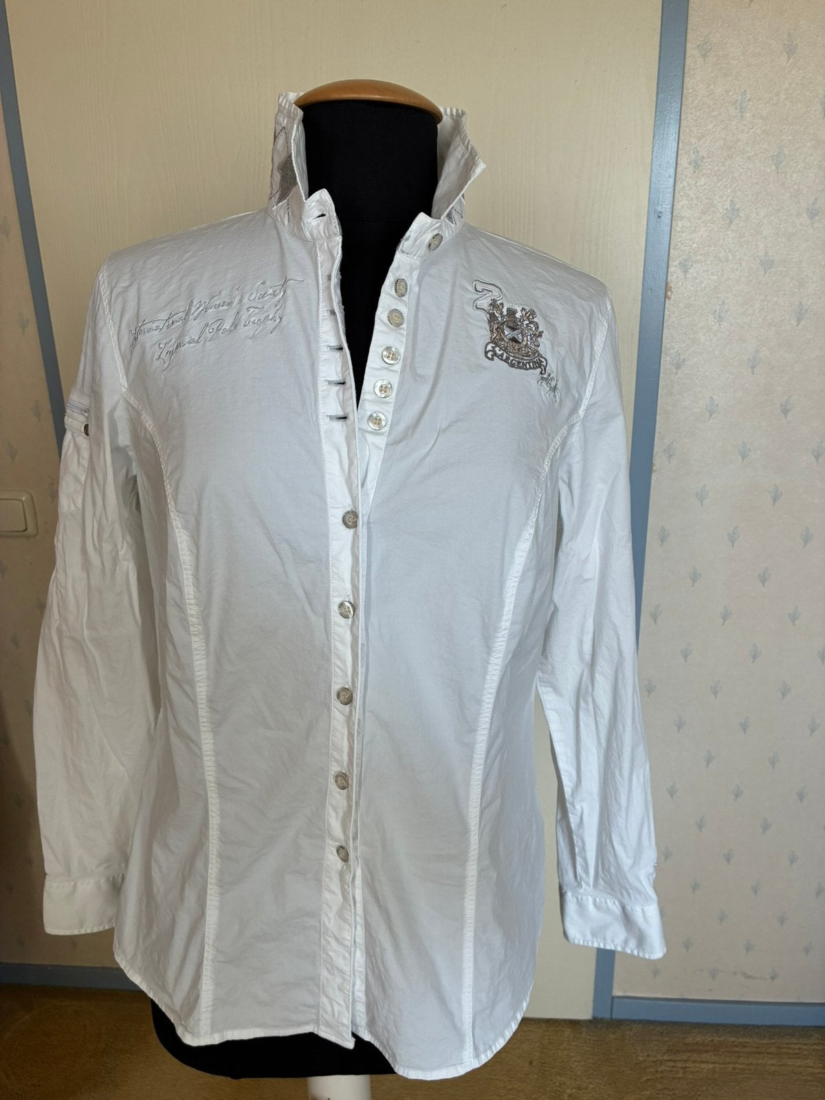 034 L’ argentina blouse in maat 46 wit met grijs, Kleding | Dames, Verzenden, Zo goed als nieuw, Maat 46/48 (XL) of groter, Wit