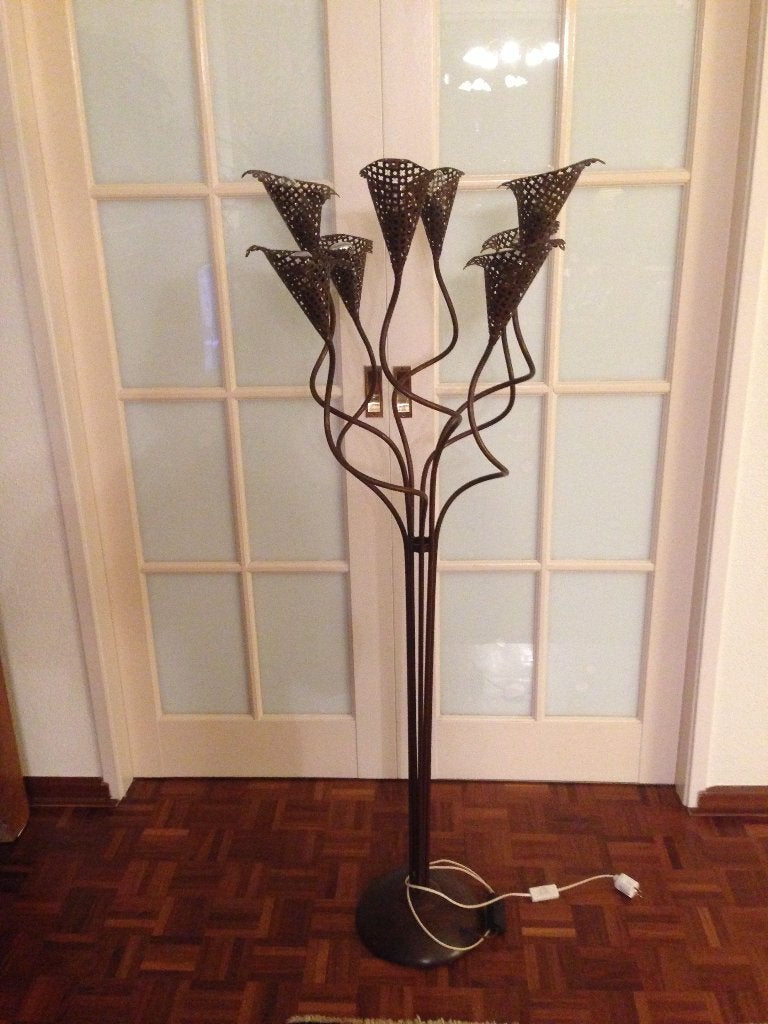 Unieke vloerlamp met 7 kelken - Smeedijzeren design, Ophalen, Gebruikt, Art Nouveau, Organisch, Modern, E14 (klein)