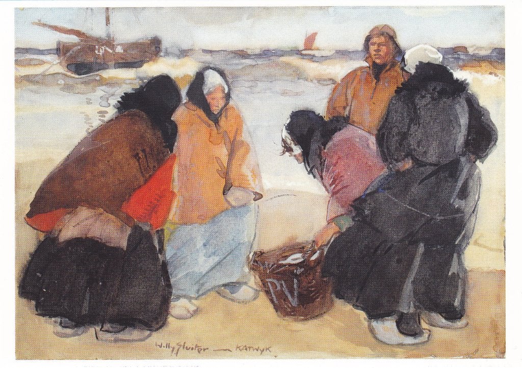 Willy Sluiter - Katwijk - Aquarel op papier. kaart., Ophalen of Verzenden, 1920 tot 1940, Ongelopen, Zuid-Holland