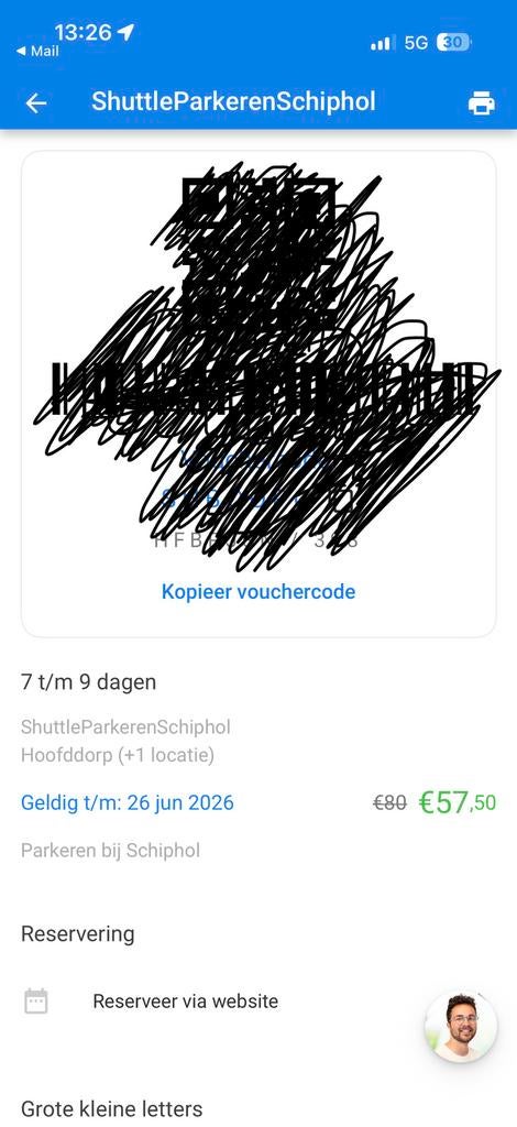 Parkeerplek Schiphol, Tickets en Kaartjes, Eén persoon, Kortingsbon
