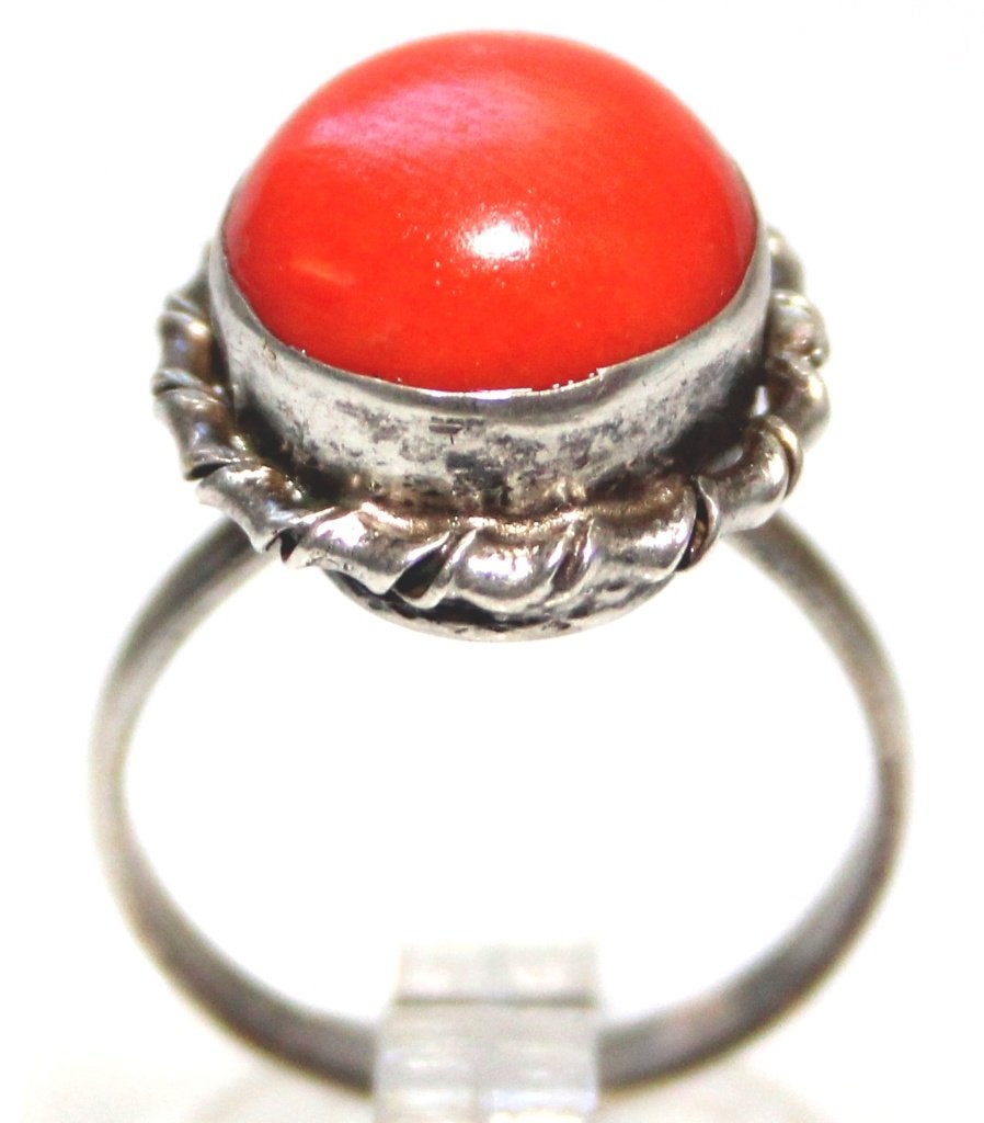Schitterende Zilveren Cabochon Bloedkoraal Ring, Sieraden, Tassen en Uiterlijk, Antieke sieraden, Ophalen of Verzenden, Zilver