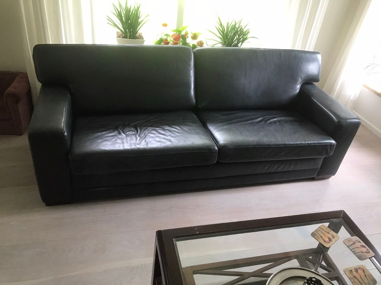 Twee Machalke Leren 2.5-zits Banken met Extra Kussens, Ophalen, Gebruikt, Driepersoons, 200 tot 250 cm