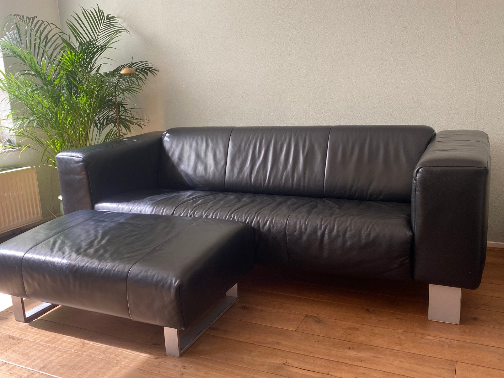 Rolf Benz BMP 622 Carthago zwart leren bank 3-zits & hocker, Gebruikt, Modern, stoer, minimalistisch, design, Driepersoons, Ophalen of Verzenden