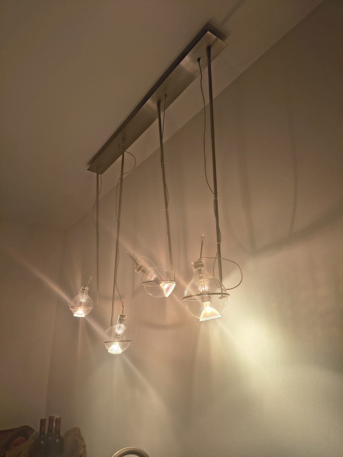 Hanglamp met 4 glazen bollen en telescopische armen, Ophalen, Gebruikt, GU5.3, Glas