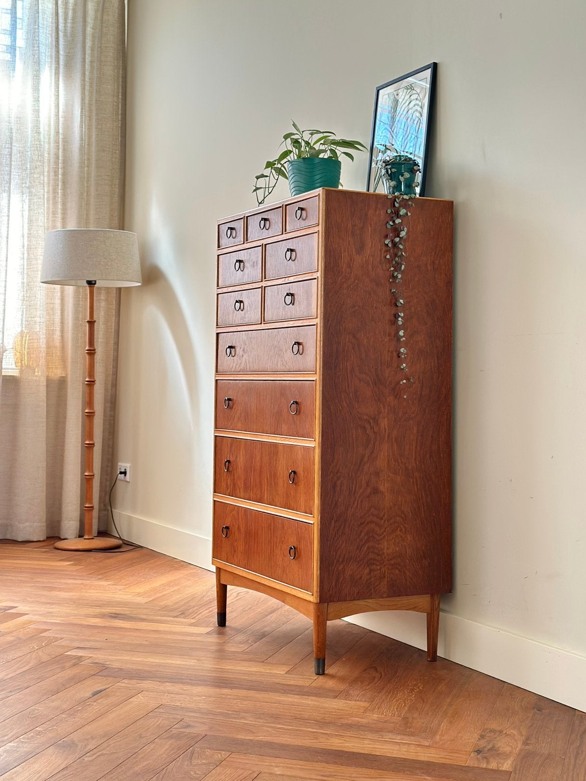 Vintage hoge ladekast eiken hout Deens jaren 50/60/70, Ophalen, Gebruikt, 5 laden of meer, 100 tot 150 cm