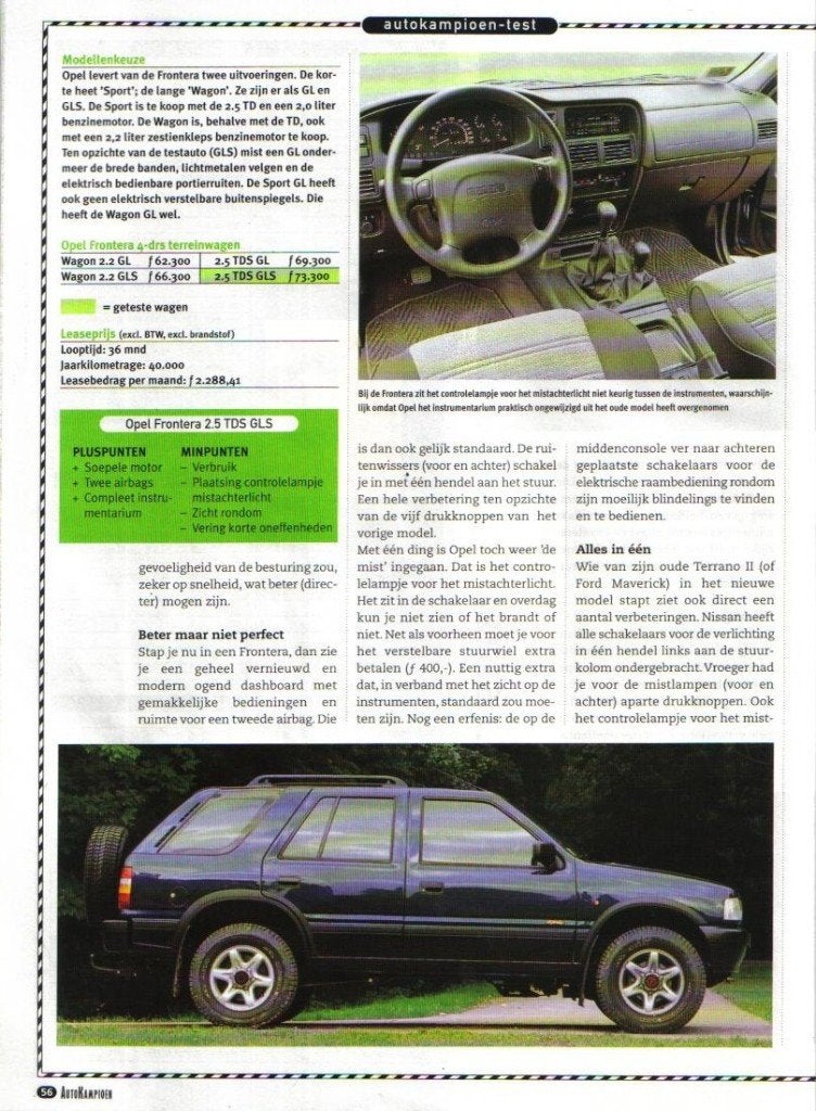 Autokampioen test Nissan Terrano en Opel Frontera 1996, Ophalen of Verzenden, Gelezen, Opel
