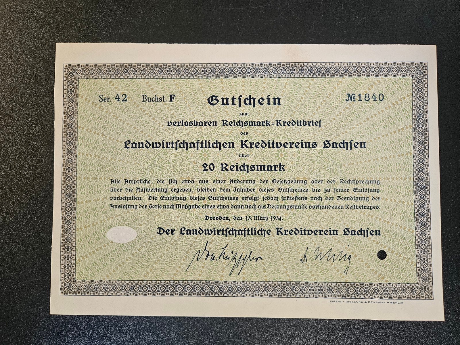 Duitsland kreditbrief 20 reichsmark Dresden 1934, Ophalen of Verzenden, Duitsland, Los biljet