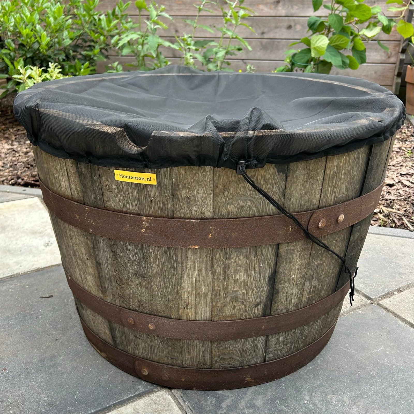 Houten Ton Half Whiskyvat Tuinvijver +/- 100L met muggennet, Tuin en Terras, Ophalen, Gebruikt