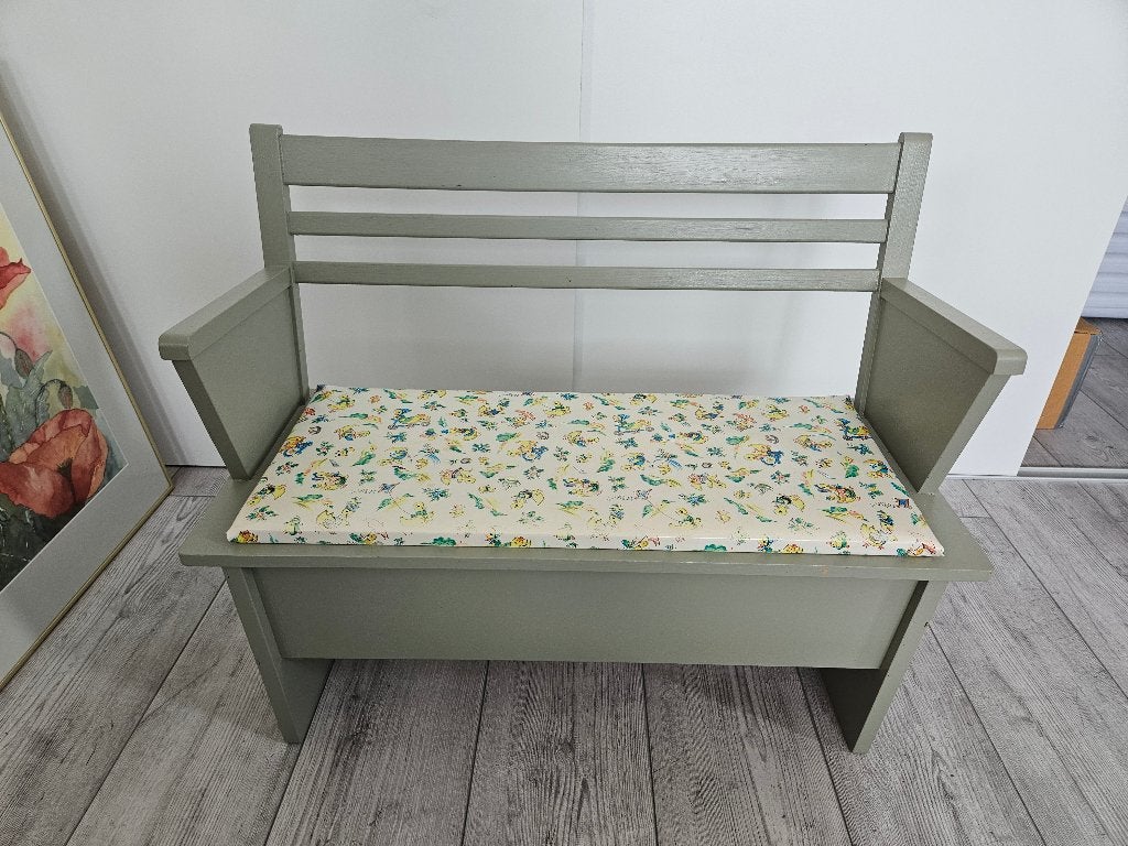 Vintage houten bankje met opbergruimte en kussen, Ophalen, Gebruikt, Stoel(en)