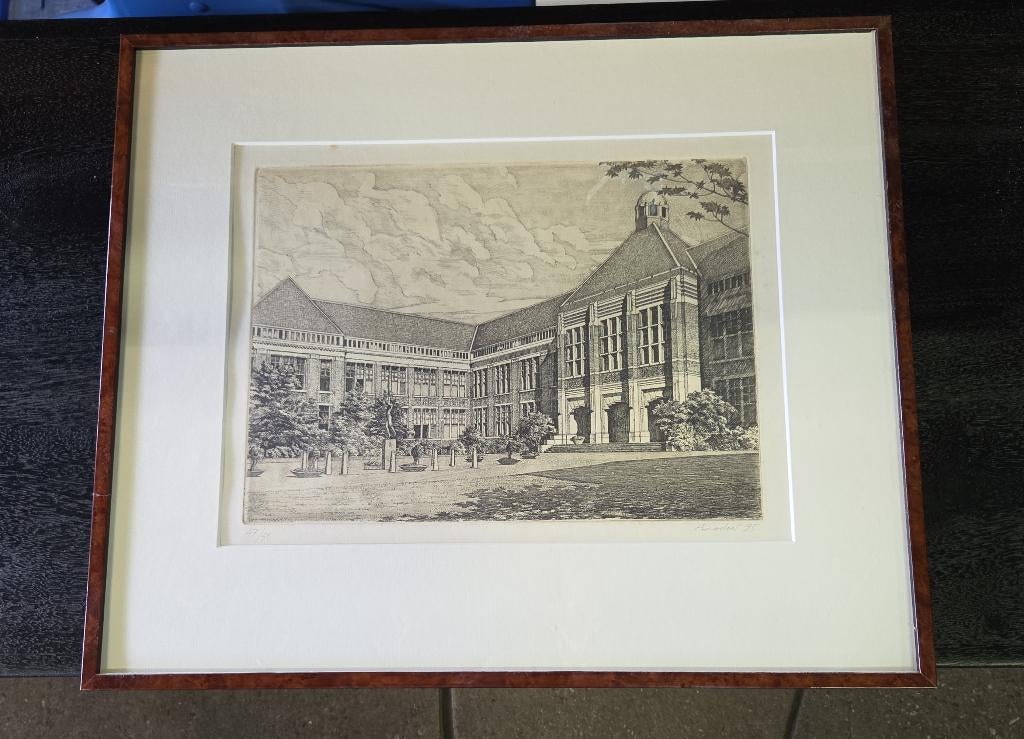 Ets Technische Hogeschool Delft 1995, Antiek en Kunst, Kunst | Etsen en Gravures, Ophalen, Architectuur, Gesigneerd, 1950 - 1999