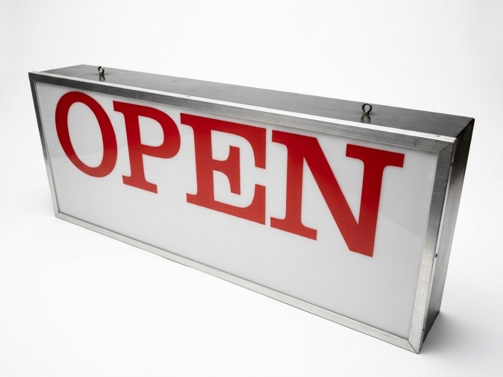 Werkende lichtbak met rode OPEN letters - lamp winkel, Ophalen, Gebruikt, Lichtbak of (neon) lamp, Onbekend