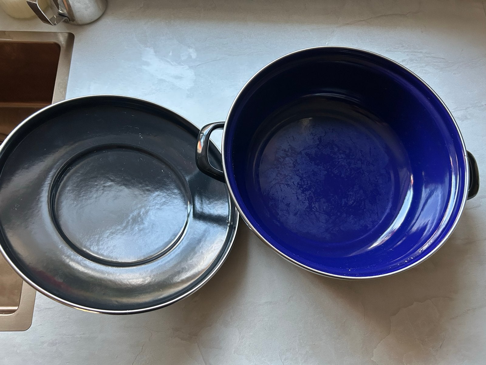 Braadpan met Deksel - Blauw/Zwart 30 cm, Gebruikt, Braadpan, Met deksel, Ophalen of Verzenden