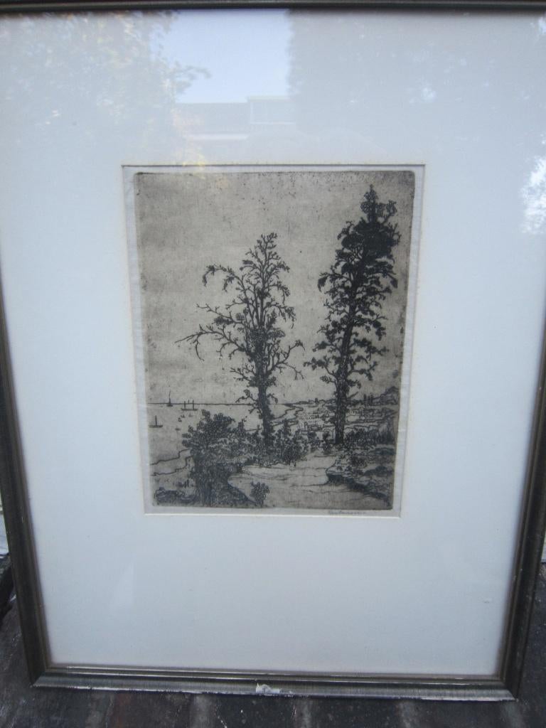 POPPE DAMAVE (p.Scheen) Mooie ets Riviergez.m bomen, Ophalen