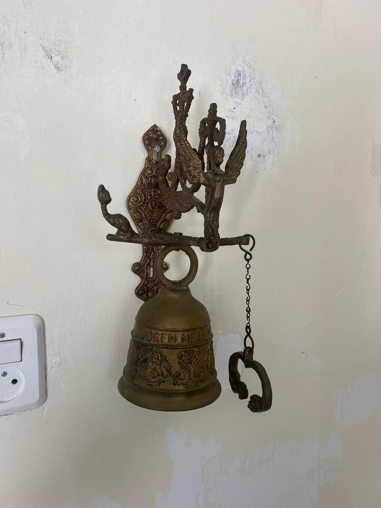 Antieke Bronzen Bel met Engelen en Ketting - Klassiek Landel, Antiek en Kunst, Antiek | Koper en Brons, Ophalen of Verzenden, Brons