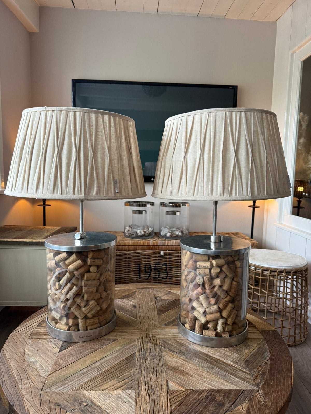 2 Prachtige Riviera Maison display lampen met RM kappen, Ophalen, Riviera Maison, E27 (groot), Zo goed als nieuw