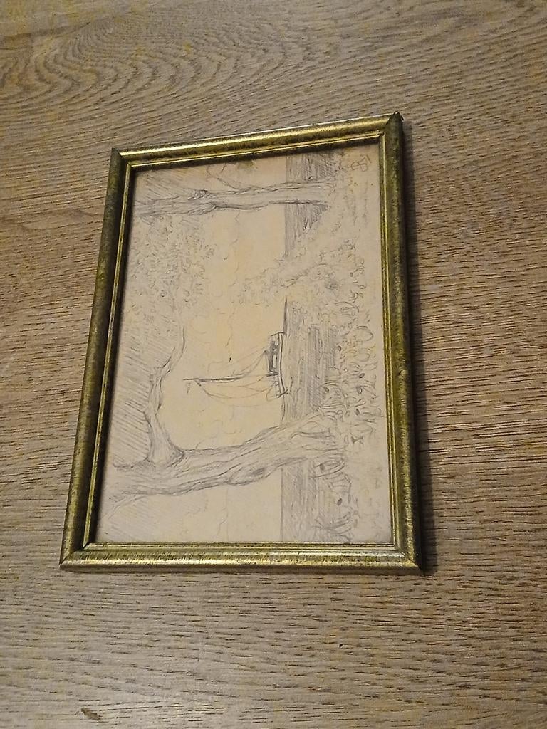 Klein ingelijst potloodtekeningetje, landschap, Ophalen of Verzenden