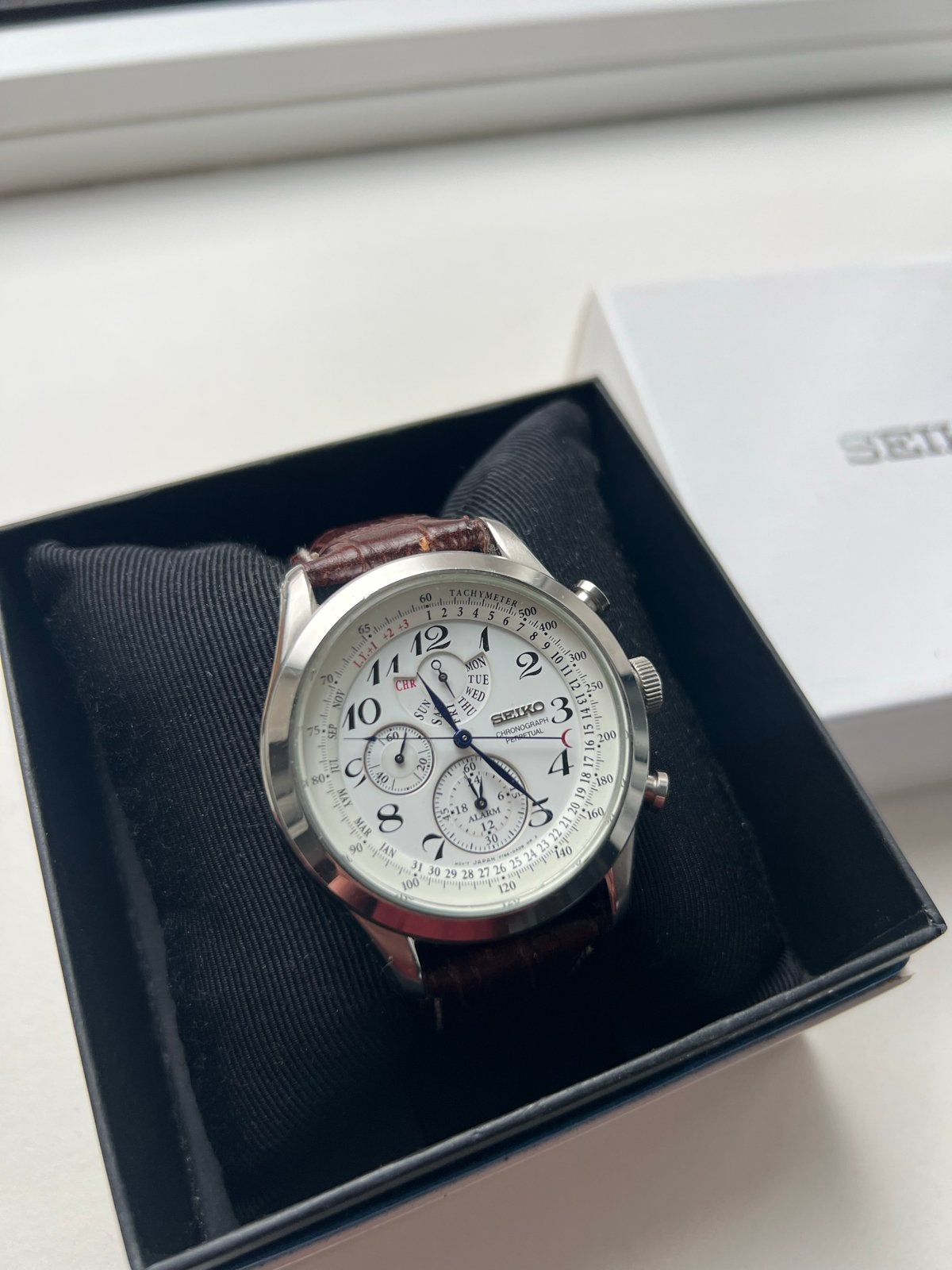 Seiko SPC131P1 Chronograaf Perpetual Calendar Alarm Tachymet, Seiko, Leer, Staal, Polshorloge