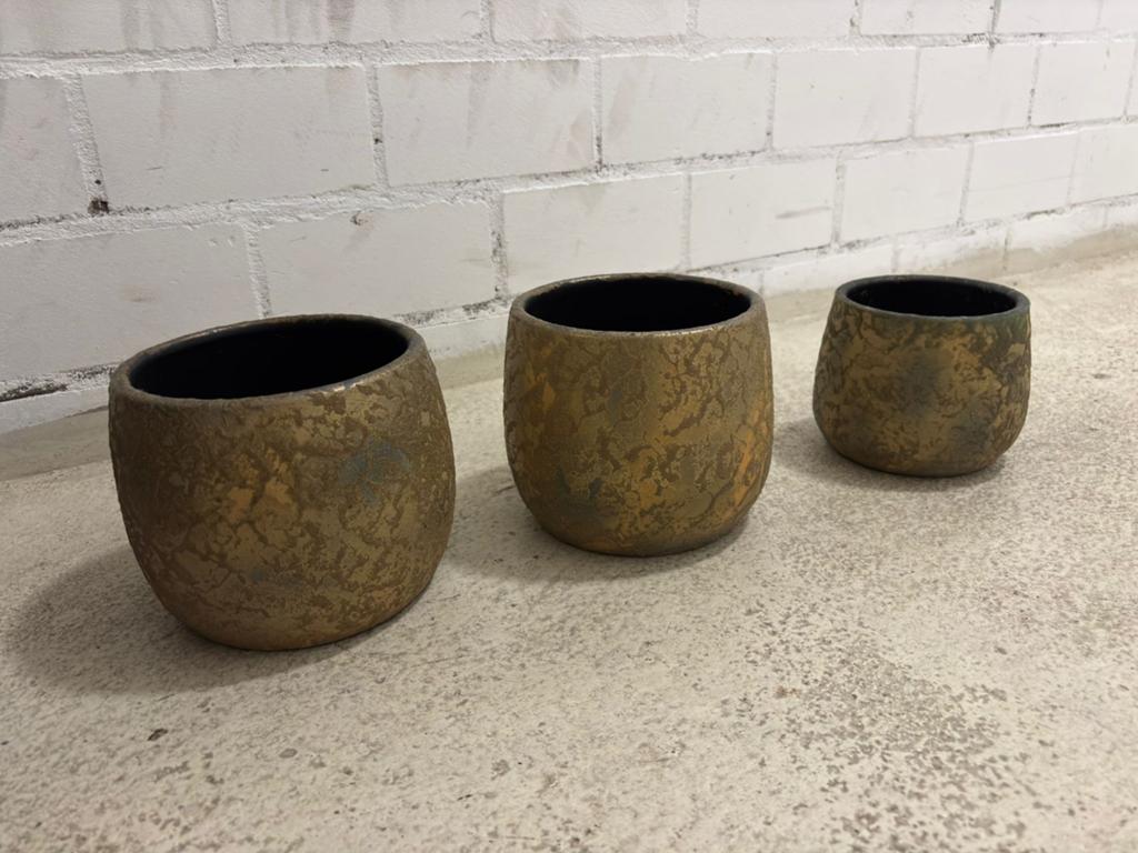 Set van drie gouden bloempotten, Tuin en Terras, Bloempotten, Ophalen, Rond, Aardewerk, Minder dan 40 cm