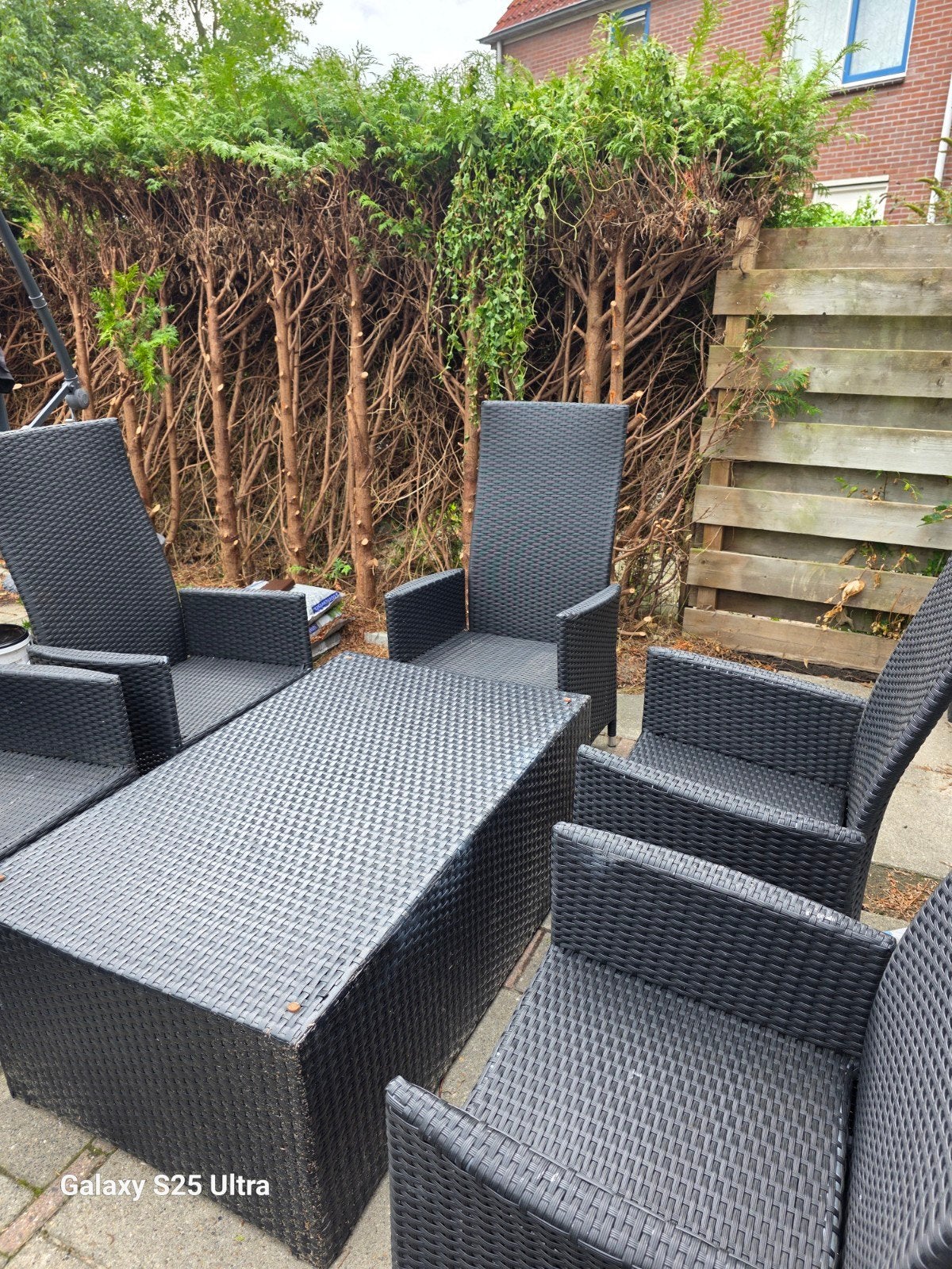 Zwarte tuinset met 6 verstelbare stoelen, tafel en hocker, Tuin en Terras, Tuinsets en Loungesets, Ophalen, Gebruikt, 6 zitplaatsen