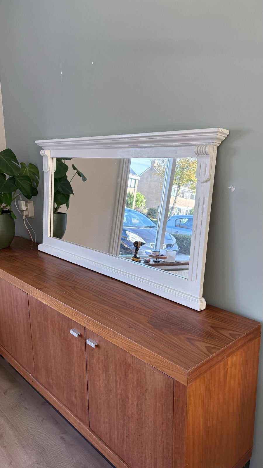 Mooie witte houten vintage spiegel, Ophalen, Gebruikt, 125 cm of meer, Minder dan 100 cm