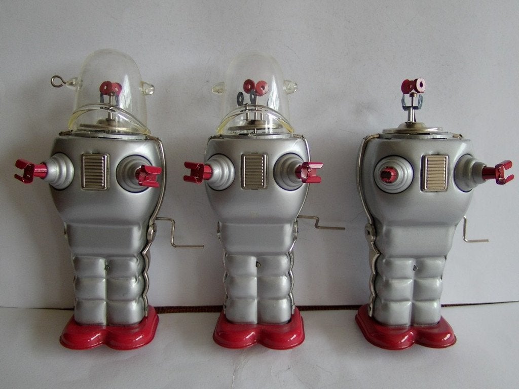 Oude blikken Robby the Robot, 3 stuks, Grijs, jaren''2000''s, Ophalen of Verzenden, Gebruikt