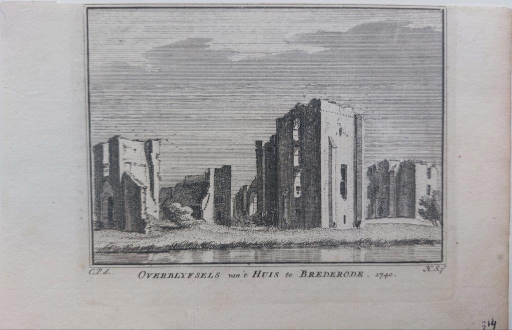 314 / Overblijfsels Huis te Brederode Oude gravure 18e eeuw, Antiek en Kunst, Ophalen of Verzenden