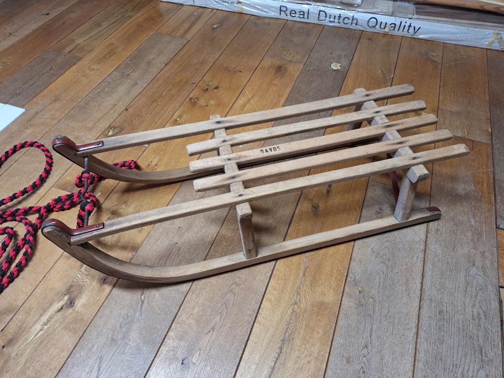 Vintage Davos houten slee met touw, Ophalen, Gebruikt, Hout