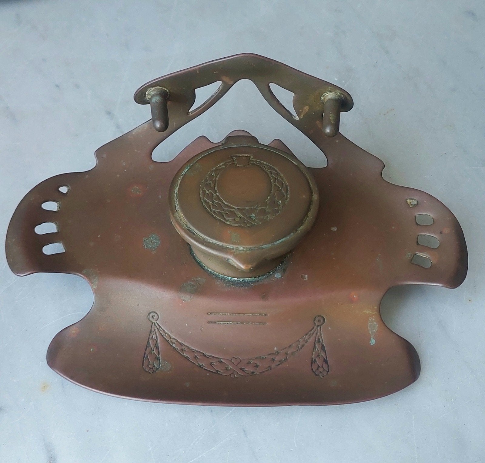 Antieke Art Nouveau inktpot met lauwerkrans decoratie, Ophalen of Verzenden