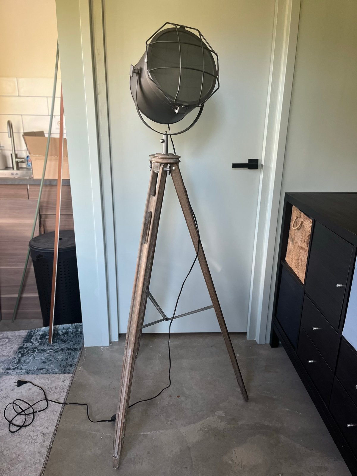 Industriële Vloerlamp met Houten Statief - Zo goed als nieuw, Ophalen, E27 (groot), Zo goed als nieuw, 150 tot 200 cm