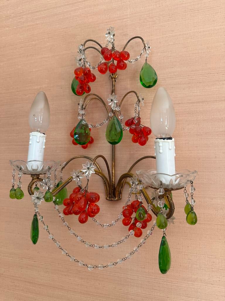 2 Vintage Murano Druiventros Wandlampen Goudkleurig Metaal, Huis en Inrichting, Lampen | Wandlampen, Ophalen of Verzenden, Gebruikt