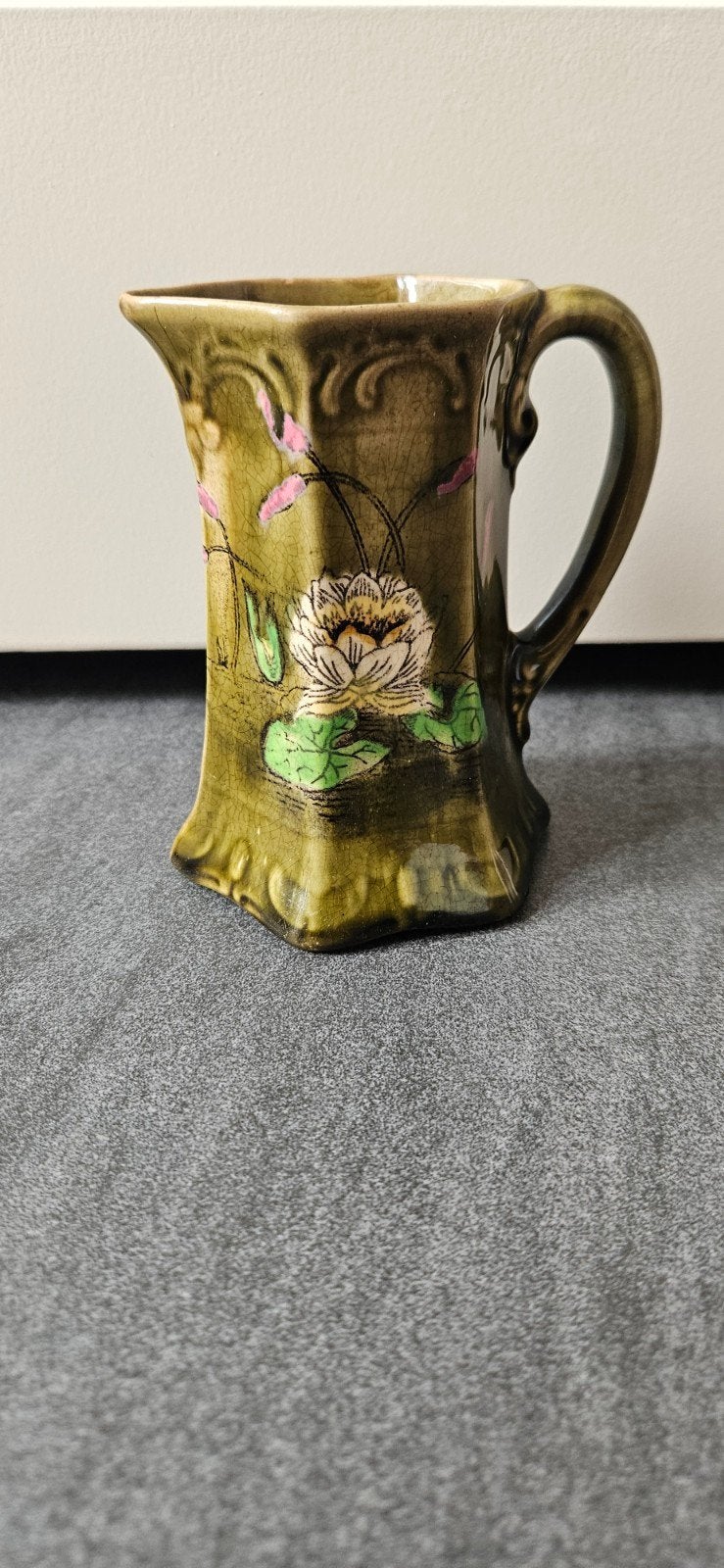 Antiek Majolica Kannetje Art Nouveau - Waterlelie Lotus - Gr, Ophalen of Verzenden