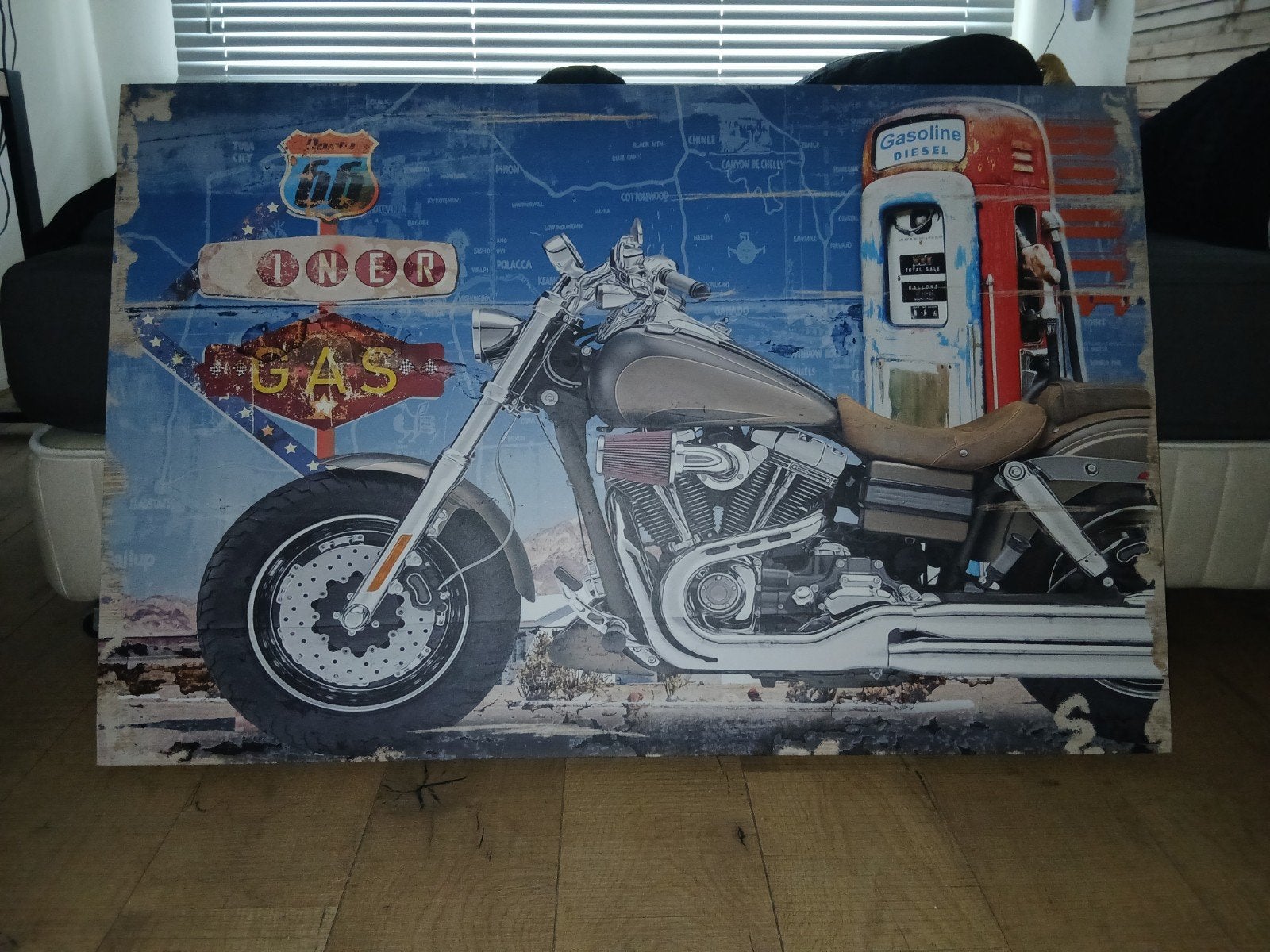 Wanddecoratie motor Route 66 benzinepomp, Gebruikt, Hout, Ophalen of Verzenden, Wandbord of Wandpaneel