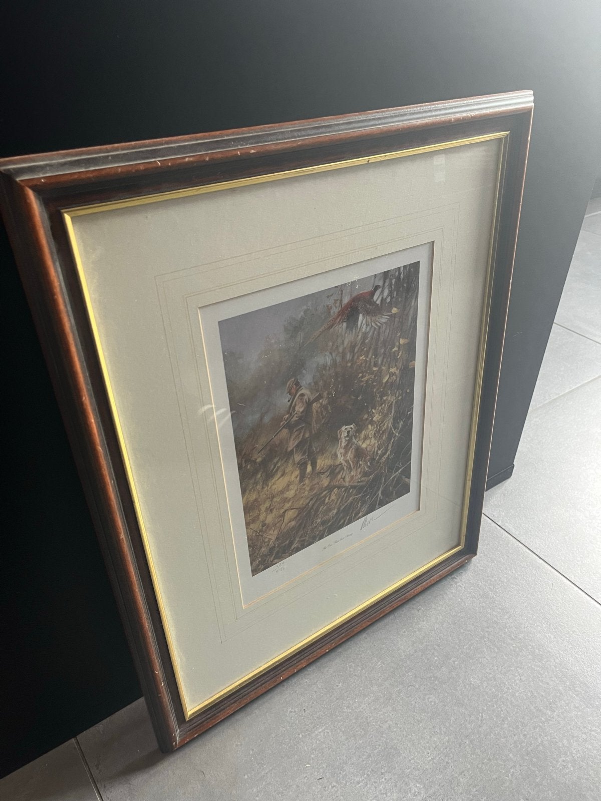 Jager met hond en fazant - Ingelijste print, Achter glas, Dieren, Ophalen of Verzenden, Klassiek