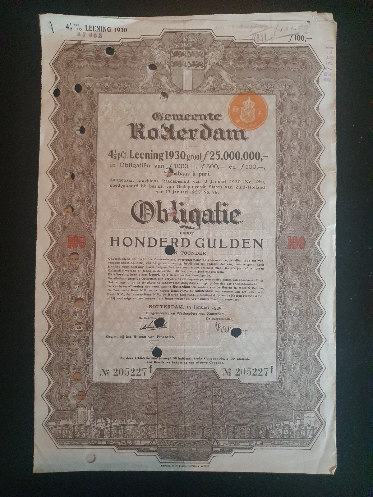 Historische Obligatie Gemeente Rotterdam 1930, Ophalen of Verzenden