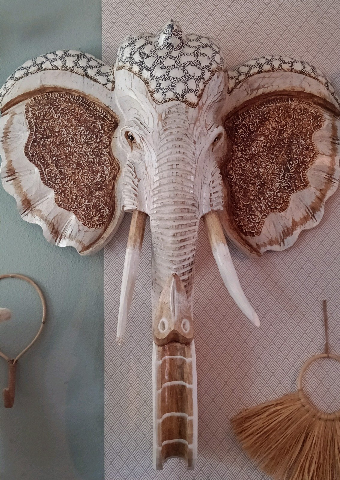Handgesneden Bali Styling Houten Olifantenkop - XLarge, Houtsnijwerk, Handgemaakt, Hout, Overige stijlen