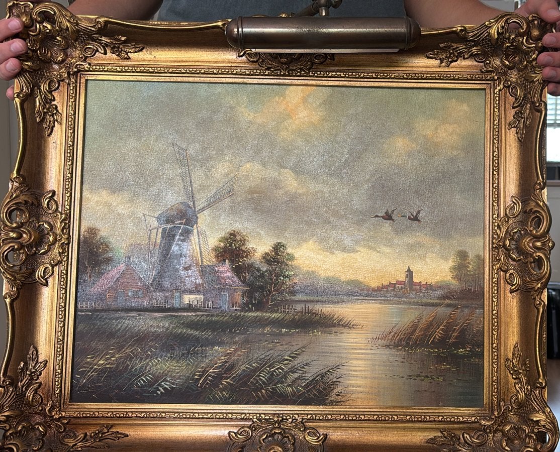 Schilderij Hollands Landschap met Molen en Water, Antiek en Kunst, Ophalen, Doek, Oud hollands, Landschap