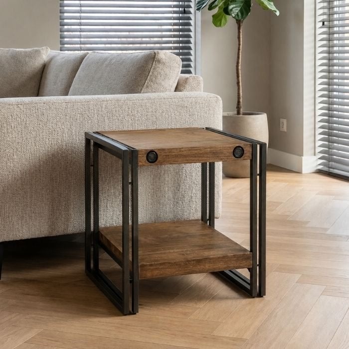 Bijzettafeltje City industrieel acaciahout, Minder dan 55 cm, Vierkant, Nieuw, Industrieel