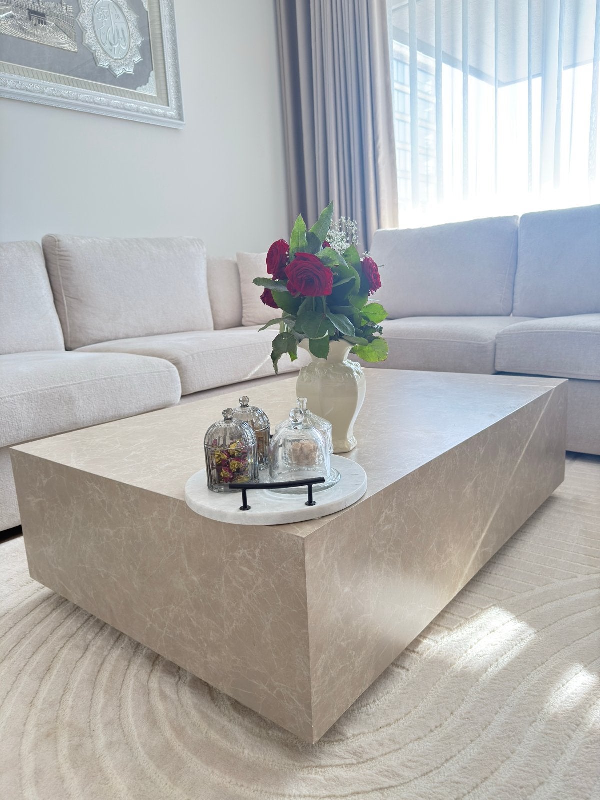 Luxe beige marmeren salontafel + Aankoopbewijs, Ophalen, Overige materialen, Marmer, Vierkant