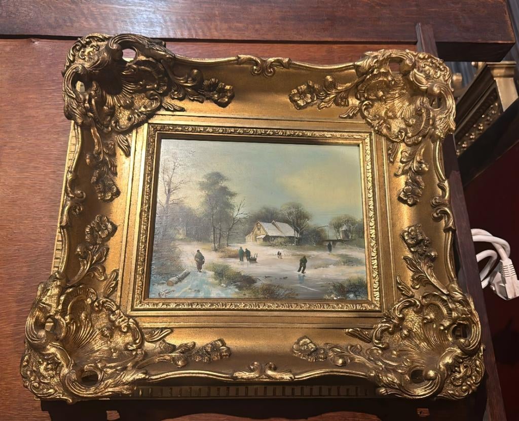 Antiek schilderij Abe Tadema winterlandschap, Antiek en Kunst, Ophalen