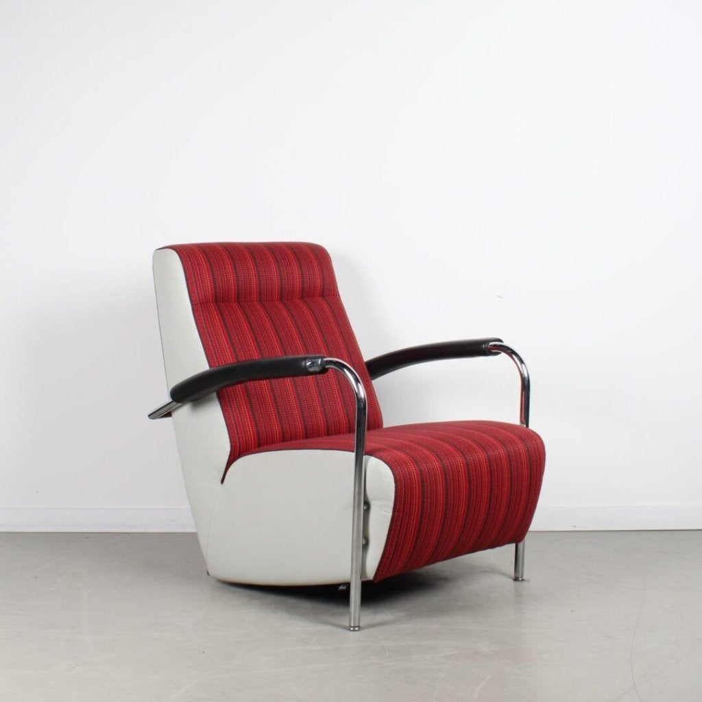 Leolux Scylla Hoog Fauteuil Rood/Bruin Stof/Wit Leer, Niet ingevuld, Leolux, Niet ingevuld, 75 tot 100 cm