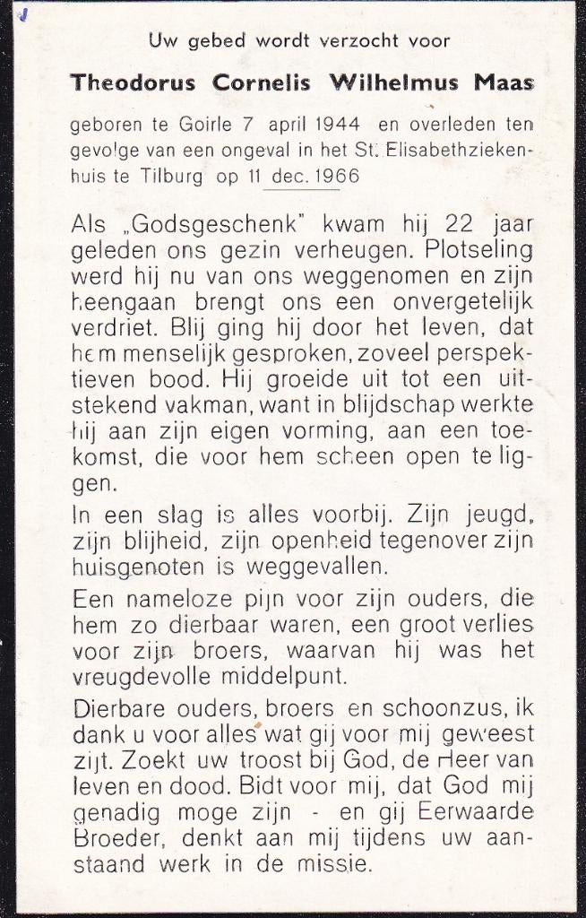 Maas Theodorus 1944 Goirle 1966 Tilburg ongeval, Ophalen of Verzenden, Bidprentje