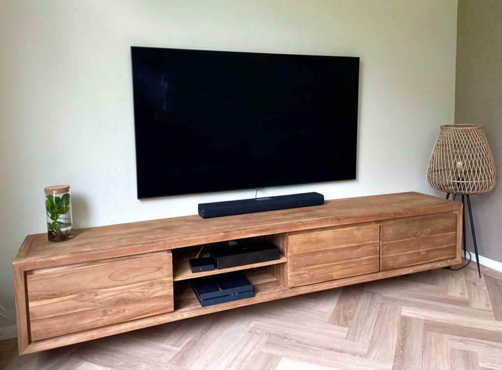 Hangend-zwevend tv-meubel 130 cm/300 cm breed, 100 tot 150 cm, Teakhout, Nieuw, Ophalen of Verzenden
